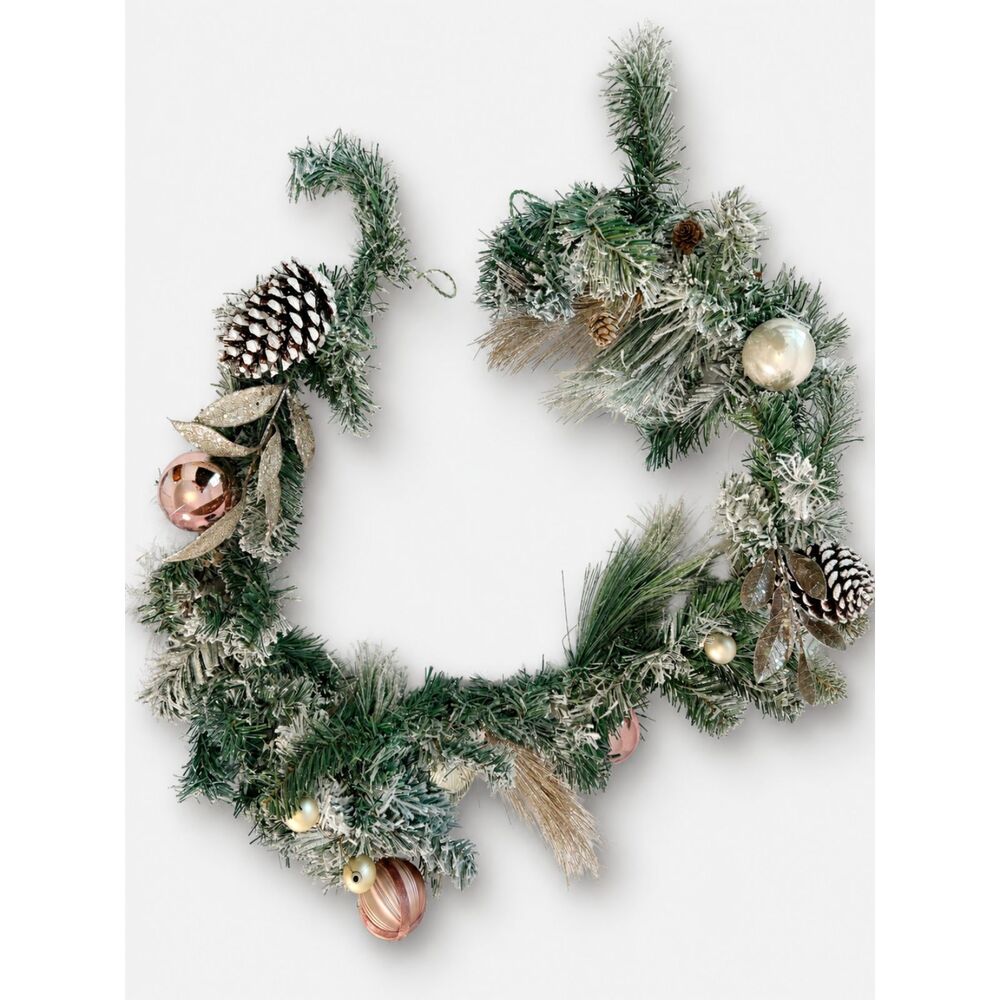Christmas Garland with Pinecones & Blush Gold Ornaments Unlit Mantel Stair Decor